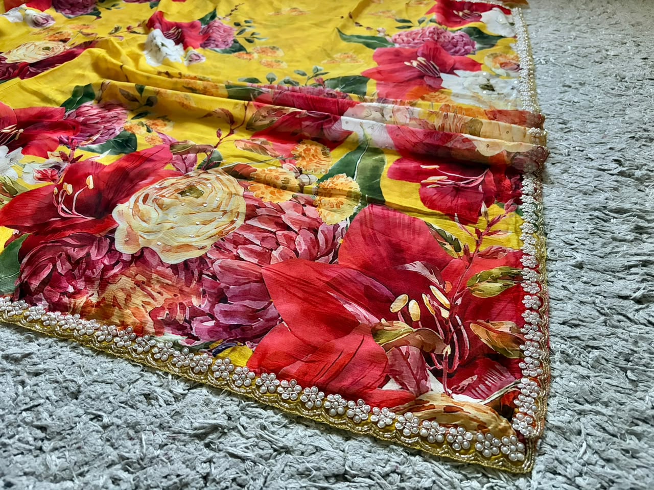 Pink Premium Pure Chinnon Crepe Silk Saree Embellished With Zzardozi Pearl Cut Daana Handwork & Pure Chinnon Handwork Bp