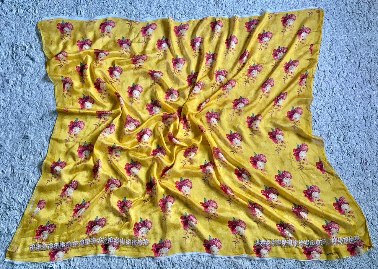 Pink Premium Pure Chinnon Crepe Silk Saree Embellished With Zzardozi Pearl Cut Daana Handwork & Pure Chinnon Handwork Bp