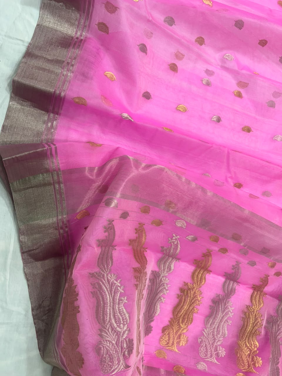 Premium Katan Silk Saree with All Over Silver and Gold Zari Ghani Butte, Patella Border, Jhad Palla and Running Blouse Piece in Pink