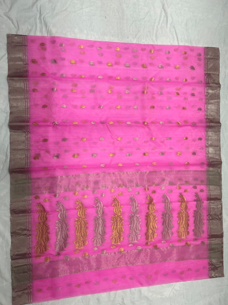 Premium Katan Silk Saree with All Over Silver and Gold Zari Ghani Butte, Patella Border, Jhad Palla and Running Blouse Piece in Pink