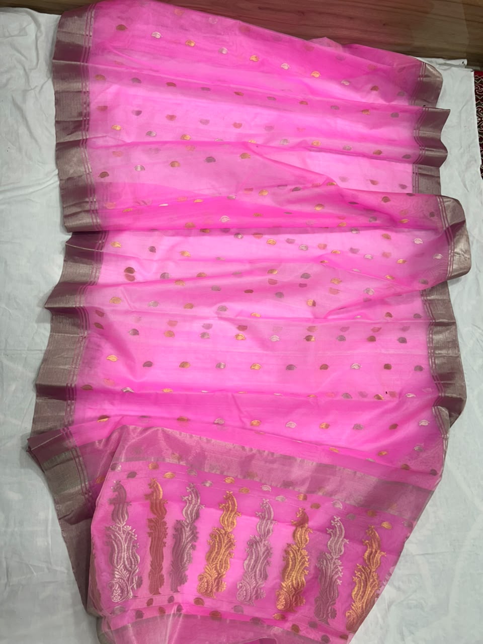 Premium Katan Silk Saree with All Over Silver and Gold Zari Ghani Butte, Patella Border, Jhad Palla and Running Blouse Piece in Pink