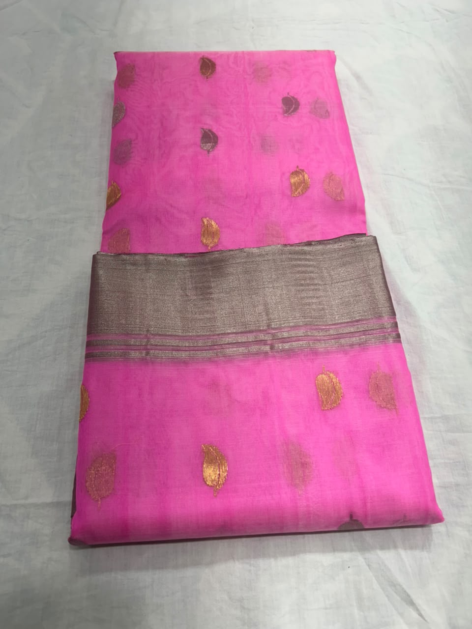 Premium Katan Silk Saree with All Over Silver and Gold Zari Ghani Butte, Patella Border, Jhad Palla and Running Blouse Piece in Pink