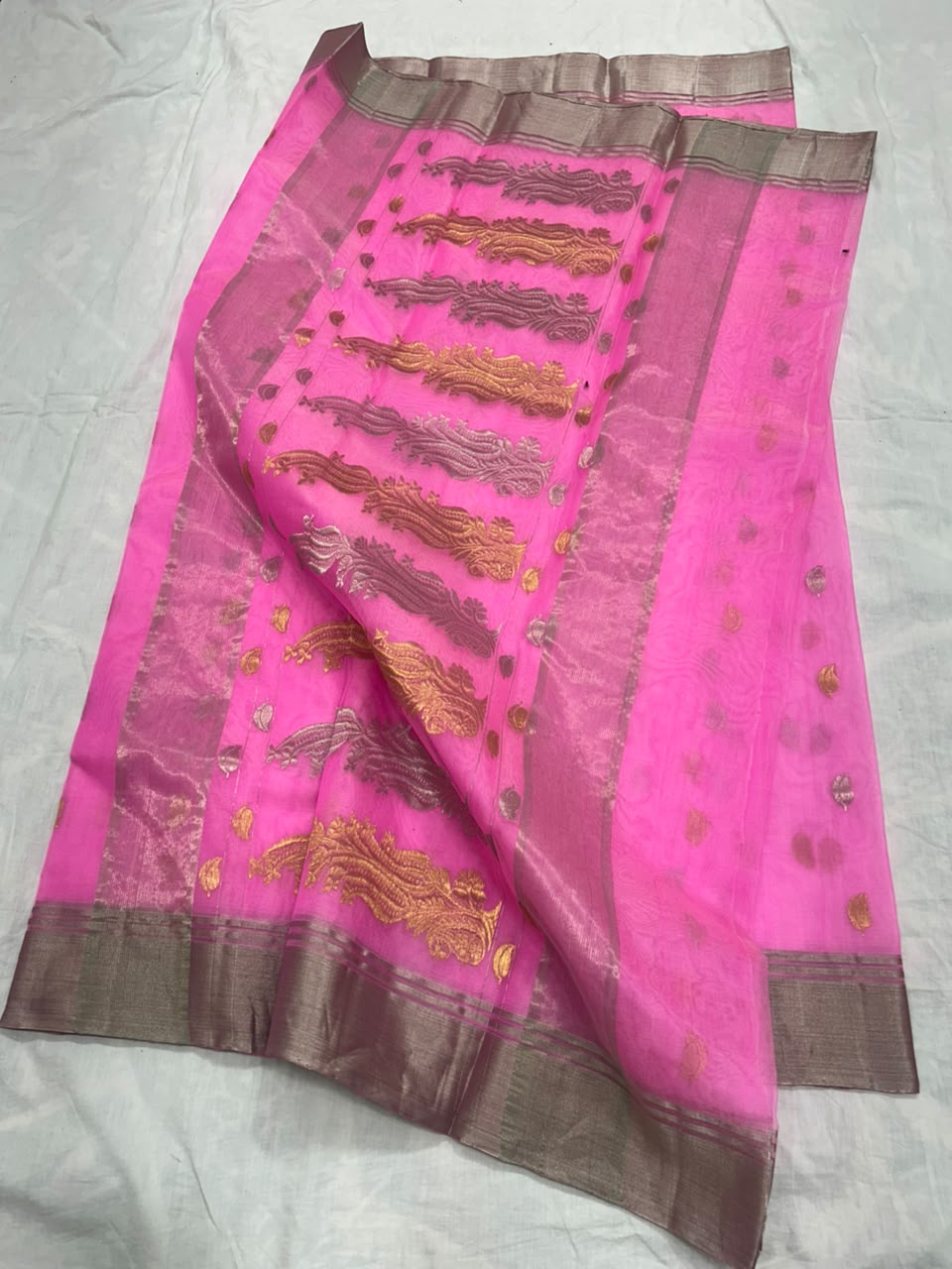 Premium Katan Silk Saree with All Over Silver and Gold Zari Ghani Butte, Patella Border, Jhad Palla and Running Blouse Piece in Pink