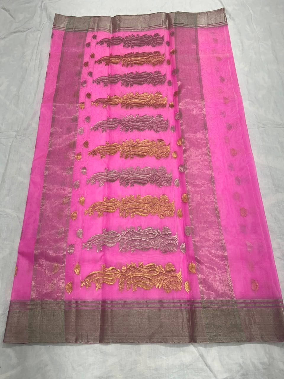 Premium Katan Silk Saree with All Over Silver & Gold Zari Ghani Butte, Patella Border & Jhad Palla