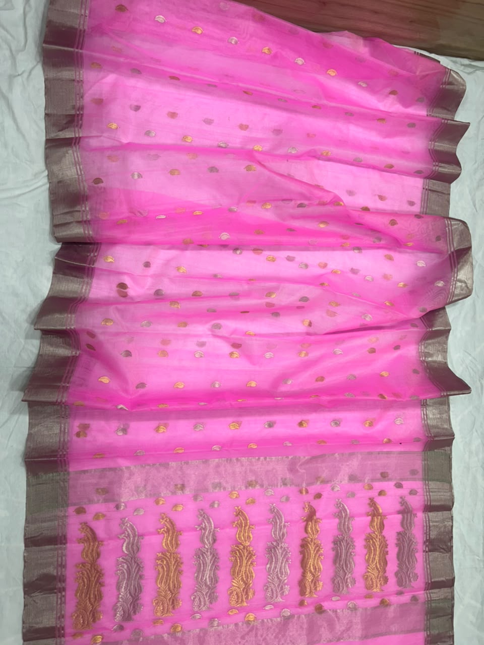 Premium Katan Silk Saree with All Over Silver & Gold Zari Ghani Butte, Patella Border & Jhad Palla