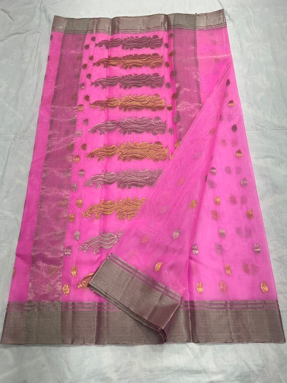 Premium Katan Silk Saree with All Over Silver & Gold Zari Ghani Butte, Patella Border & Jhad Palla
