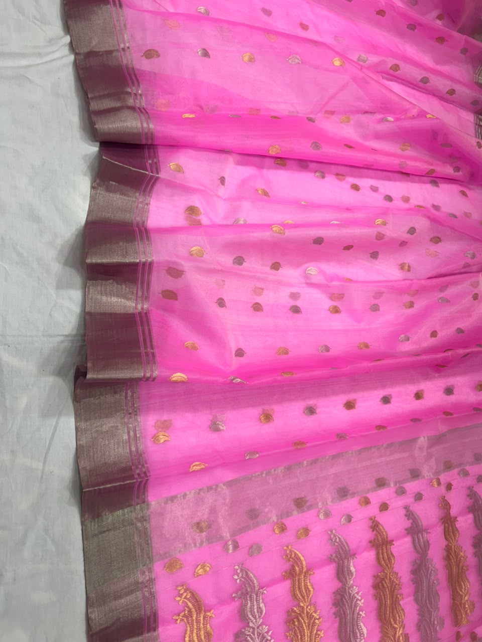 Premium Katan Silk Saree with All Over Silver & Gold Zari Ghani Butte, Patella Border & Jhad Palla