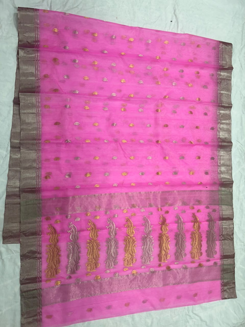 Premium Katan Silk Saree with All Over Silver & Gold Zari Ghani Butte, Patella Border & Jhad Palla