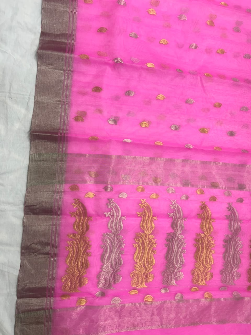 Premium Katan Silk Saree with All Over Silver & Gold Zari Ghani Butte, Patella Border & Jhad Palla