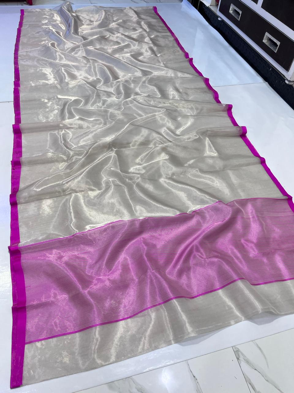 Zari Weaving Tissue Silk Small Border & Striped Pallu Saree
