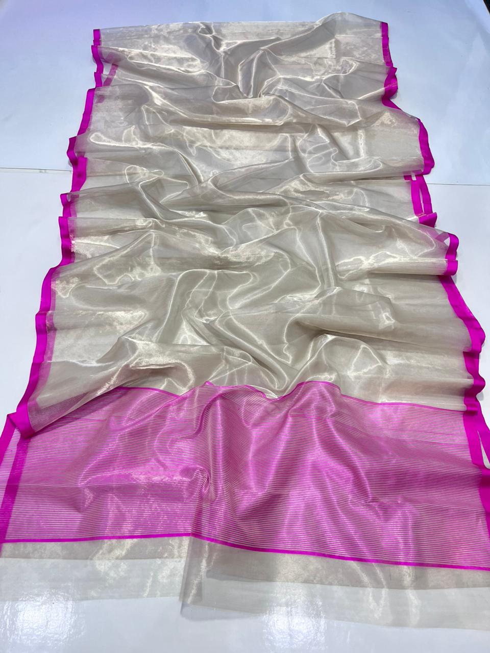 Zari Weaving Tissue Silk Small Border & Striped Pallu Saree