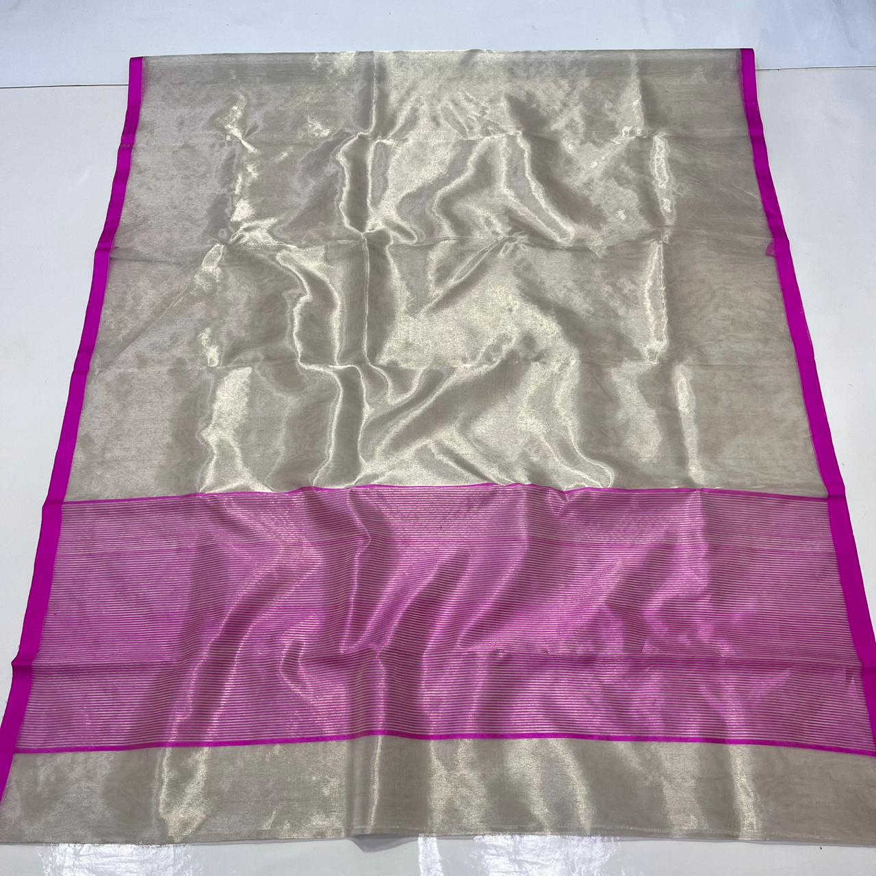 Zari Weaving Tissue Silk Small Border & Striped Pallu Saree
