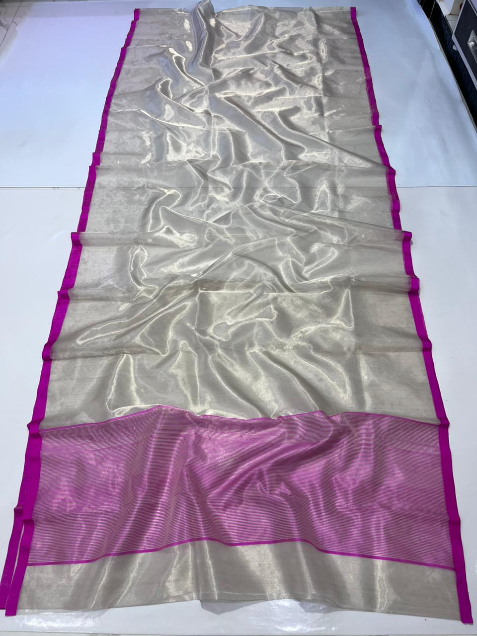 Zari Weaving Tissue Silk Small Border & Striped Pallu Saree