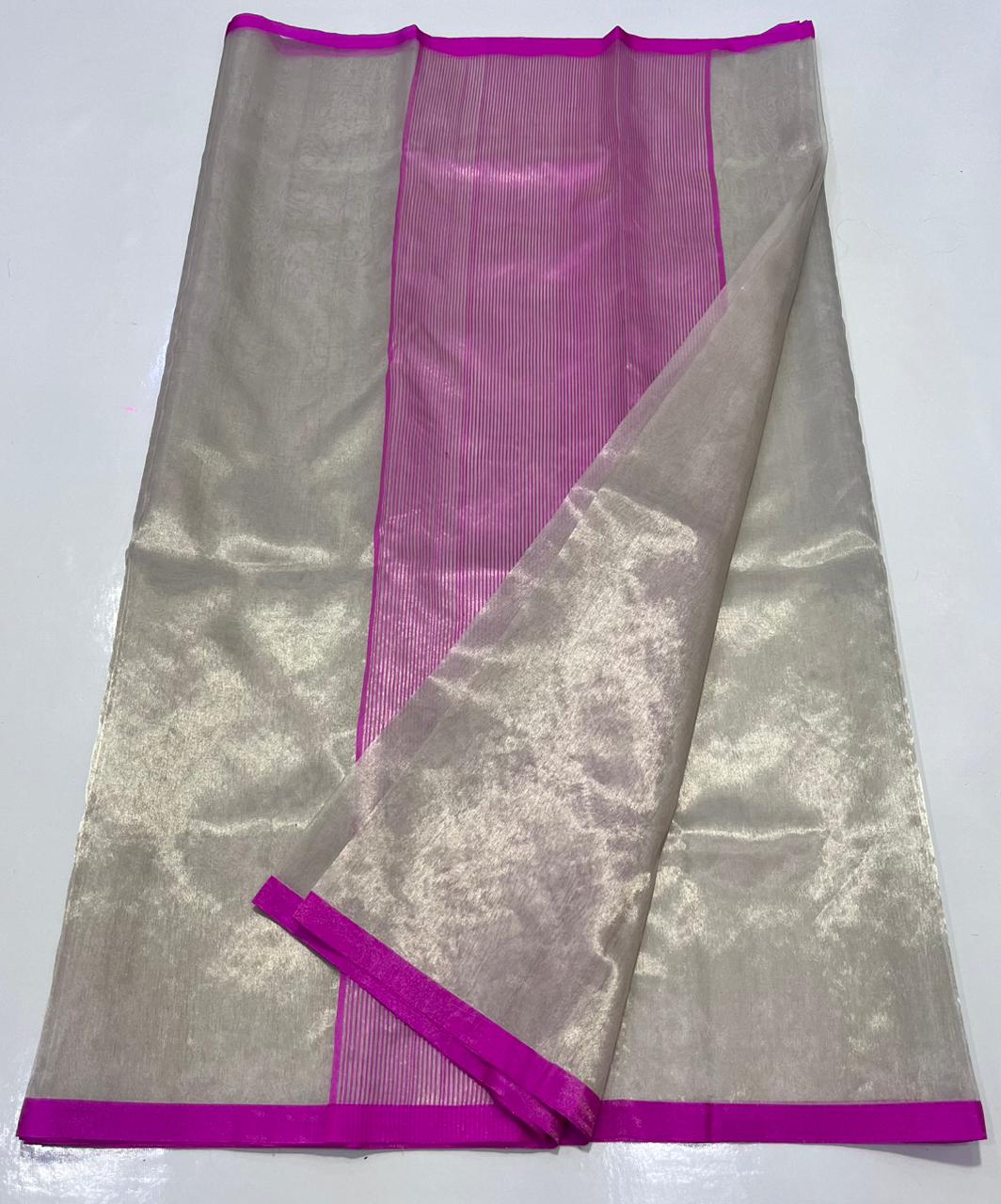 Zari Weaving Tissue Silk Small Border & Striped Pallu Saree