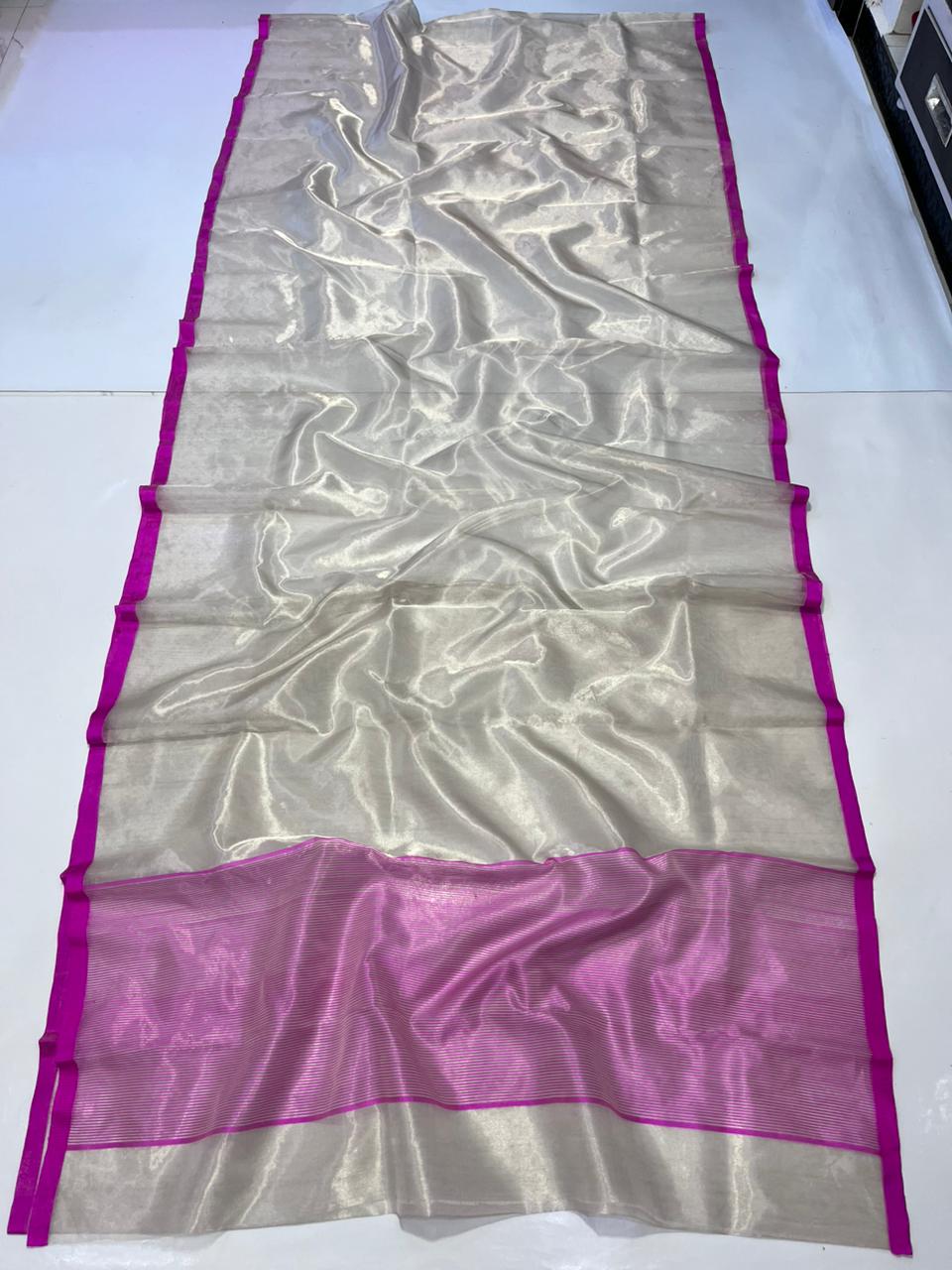 Zari Weaving Tissue Silk Small Border & Striped Pallu Saree