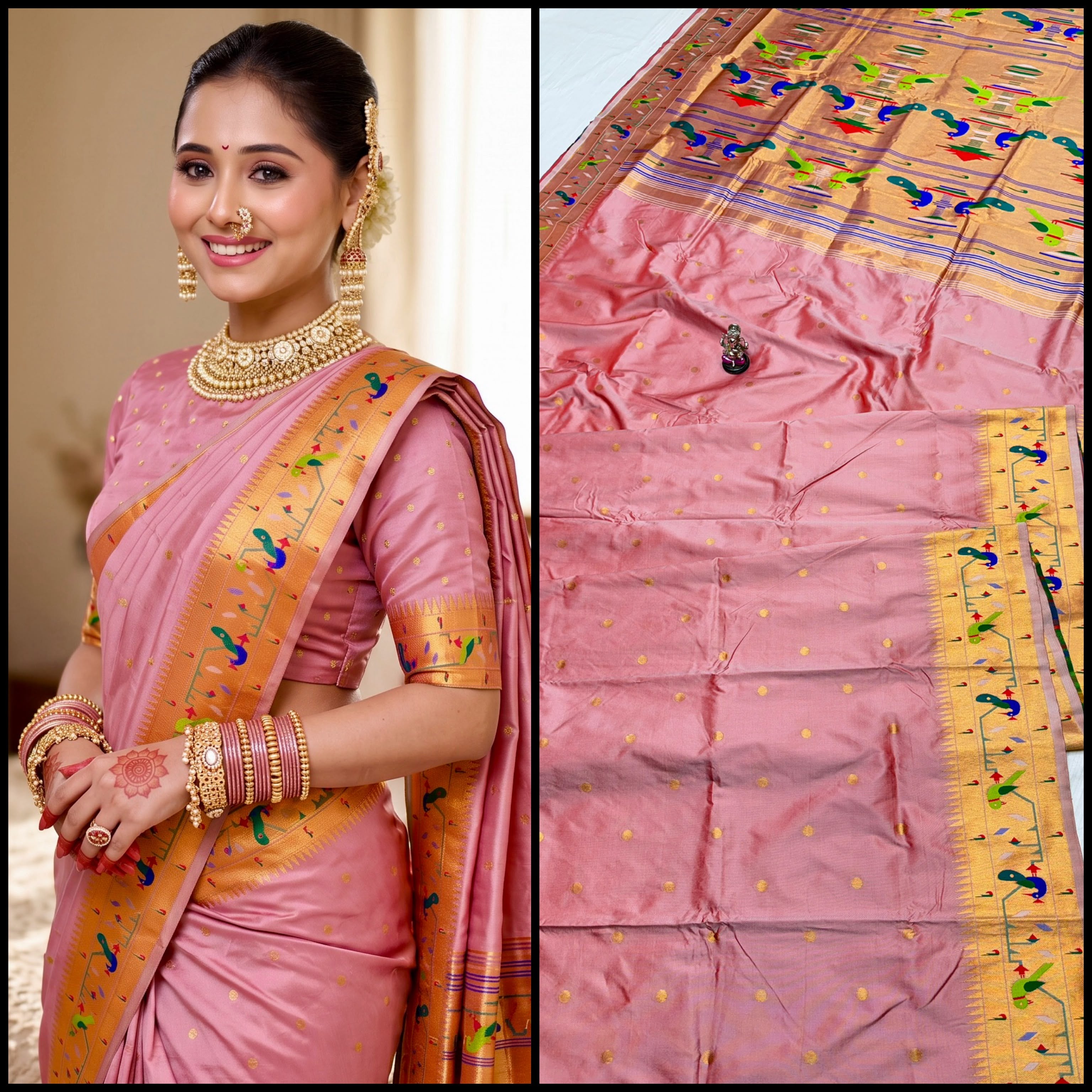  Paithani Saree in premium Katan Silk with a pink body, all-over zari butti, traditional Mor Popat brocade pallu and border, and exclusive running blouse piece, perfect for weddings, festive occasions, and traditional wear.