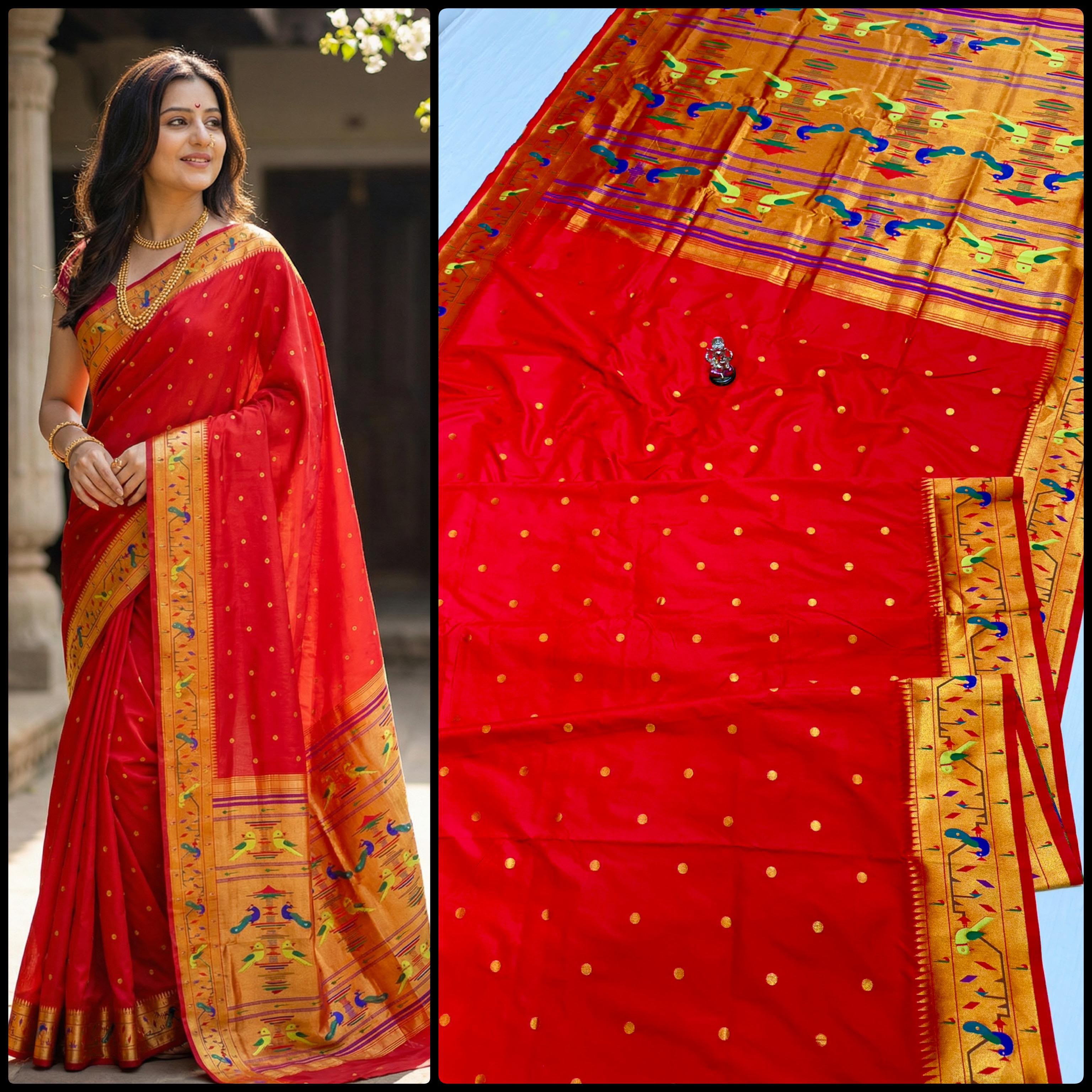 Paithani Saree in premium Katan Silk with a rich Red body, all-over zari butti, traditional Mor Popat brocade pallu and border, and exclusive running blouse piece, perfect for weddings, festive occasions, and traditional wear.