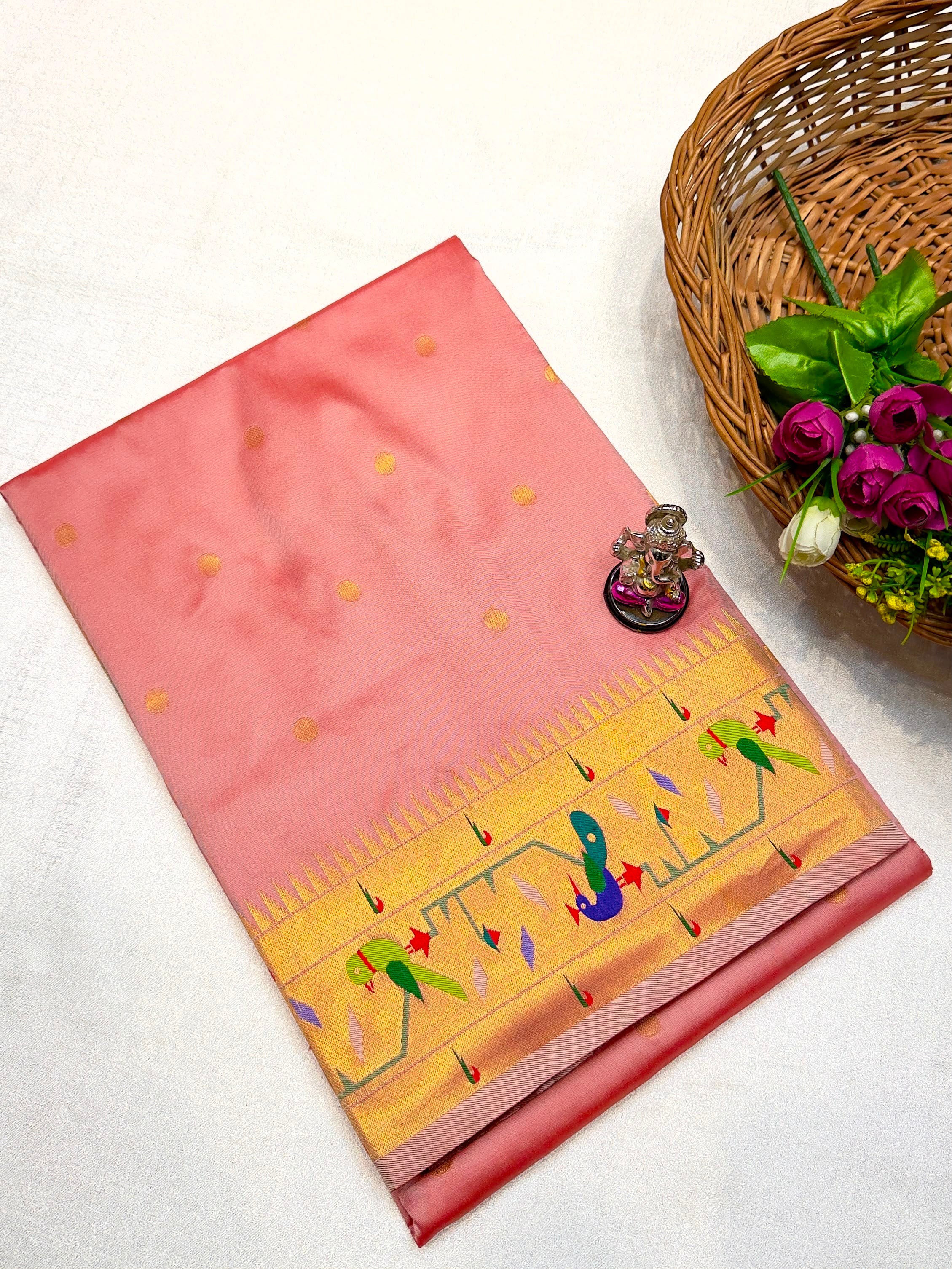  Paithani Saree in premium Katan Silk with a pink body, all-over zari butti, traditional Mor Popat brocade pallu and border, and exclusive running blouse piece, perfect for weddings, festive occasions, and traditional wear.