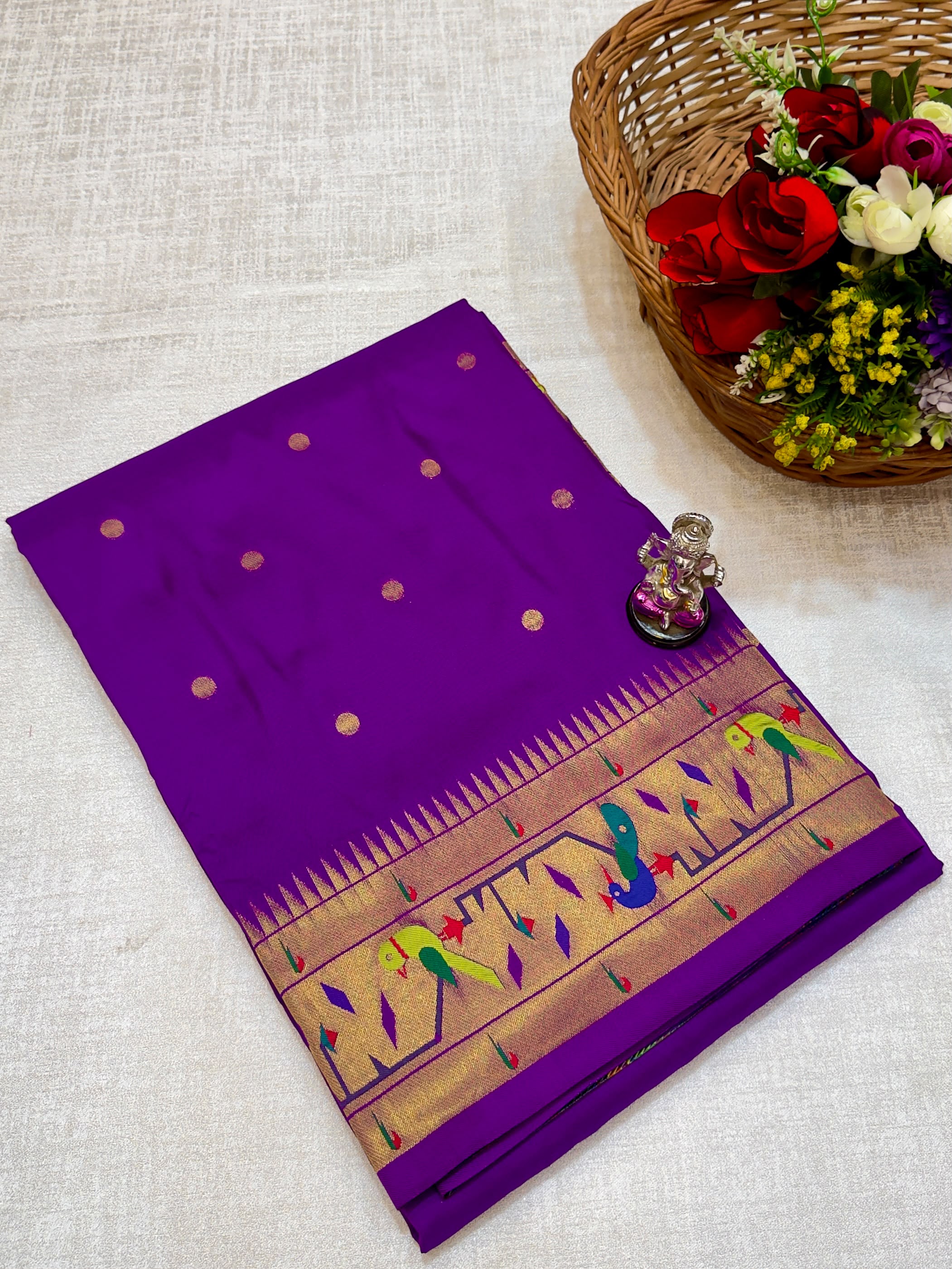 Semi Mor Popat Brocade Paithani Premium Katan Silk Saree With Running Blouse