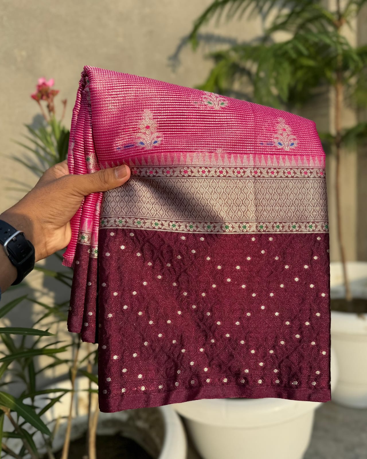 Beautiful Soft Semi Georgette Silk Woven Premium Quality Dyeable Pink Saree featuring delicate woven zari motifs, an elegant contrast woven border, soft lightweight fabric, and a matching blouse piece, perfect for weddings, festive occasions, and custom dyeing.