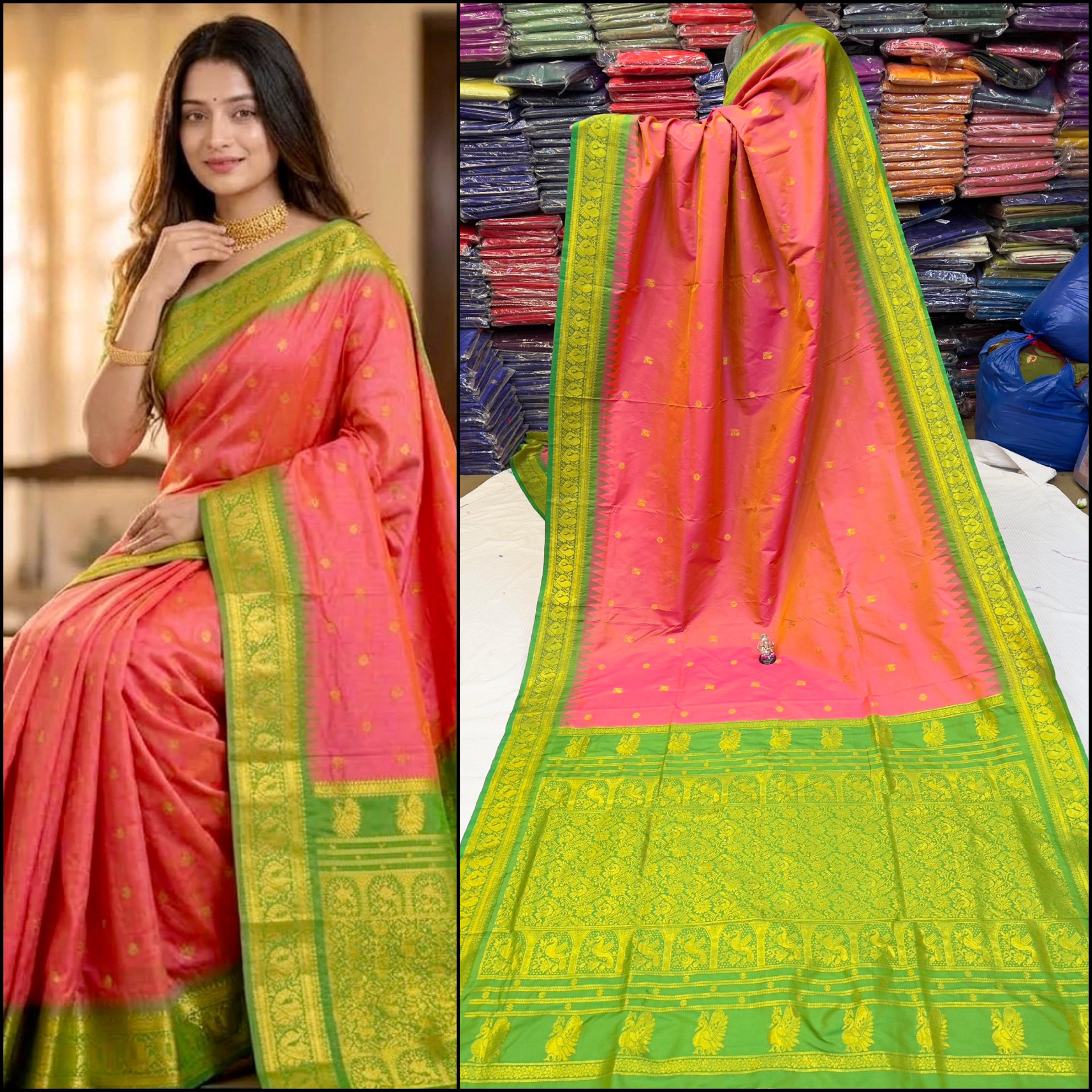 Premium Soft Katan Silk Gadwal Paithani Saree With Contrast Blouse