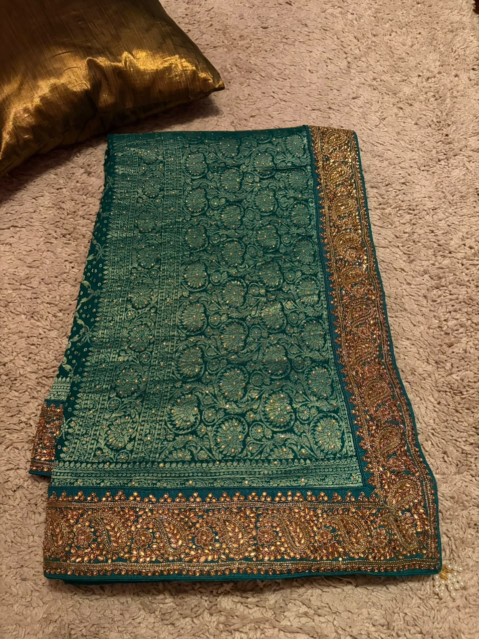 Green Premium Pure Bandhani Georgette Silk Saree with Intricate Zardozi Handwork Border