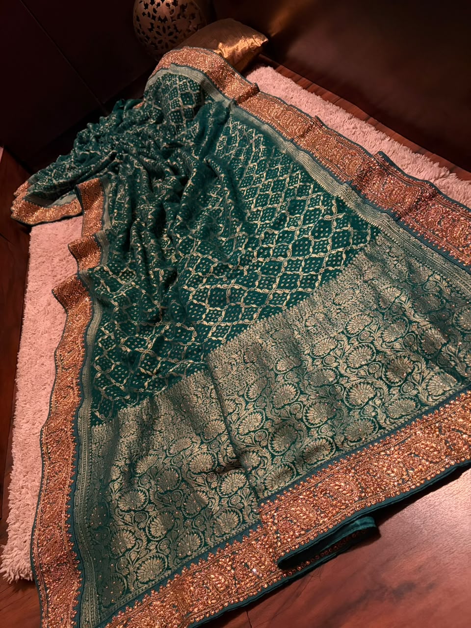 Green Premium Pure Bandhani Georgette Silk Saree with Intricate Zardozi Handwork Border