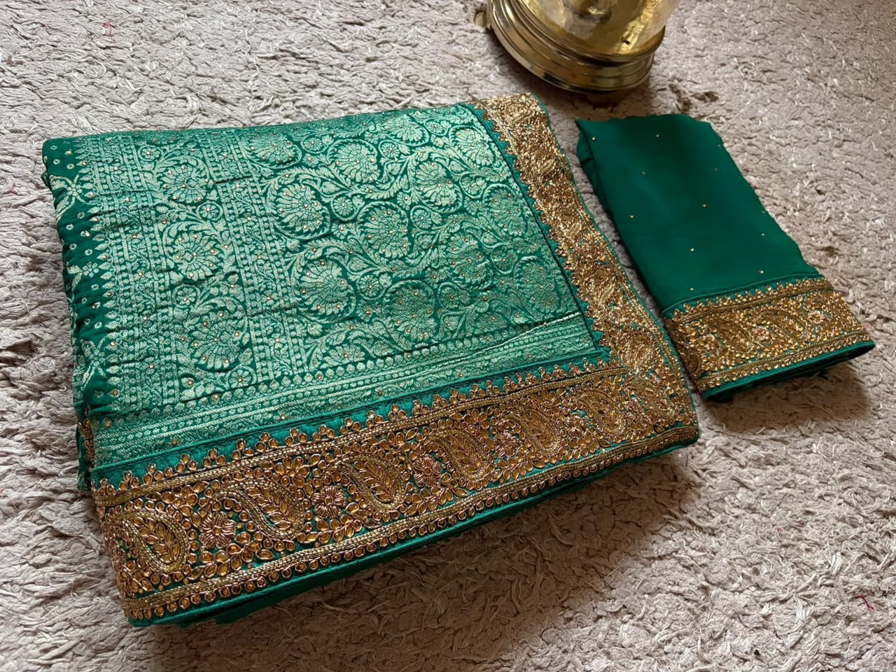 Green Premium Pure Bandhani Georgette Silk Saree with Intricate Zardozi Handwork Border