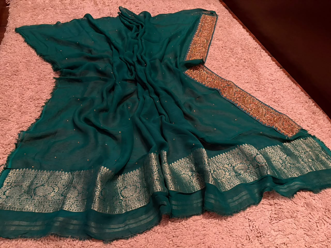 Green Premium Pure Bandhani Georgette Silk Saree with Intricate Zardozi Handwork Border
