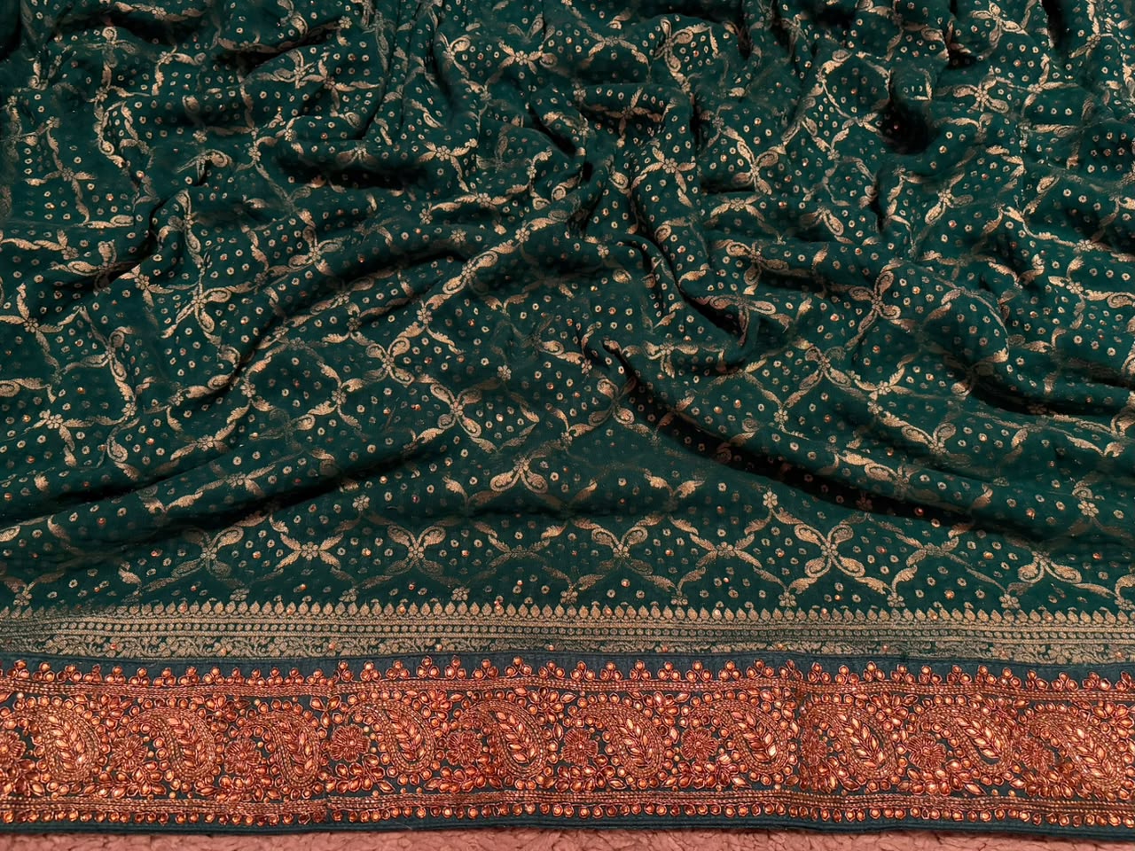 Green Premium Pure Bandhani Georgette Silk Saree with Intricate Zardozi Handwork Border