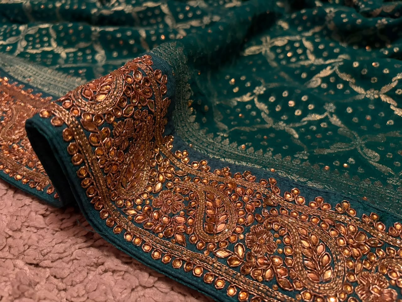 Green Premium Pure Bandhani Georgette Silk Saree with Intricate Zardozi Handwork Border