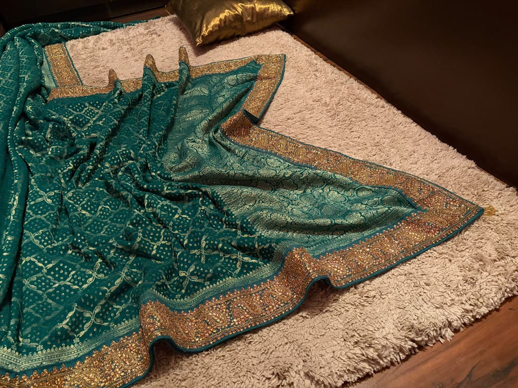 Green Premium Pure Bandhani Georgette Silk Saree with Intricate Zardozi Handwork Border