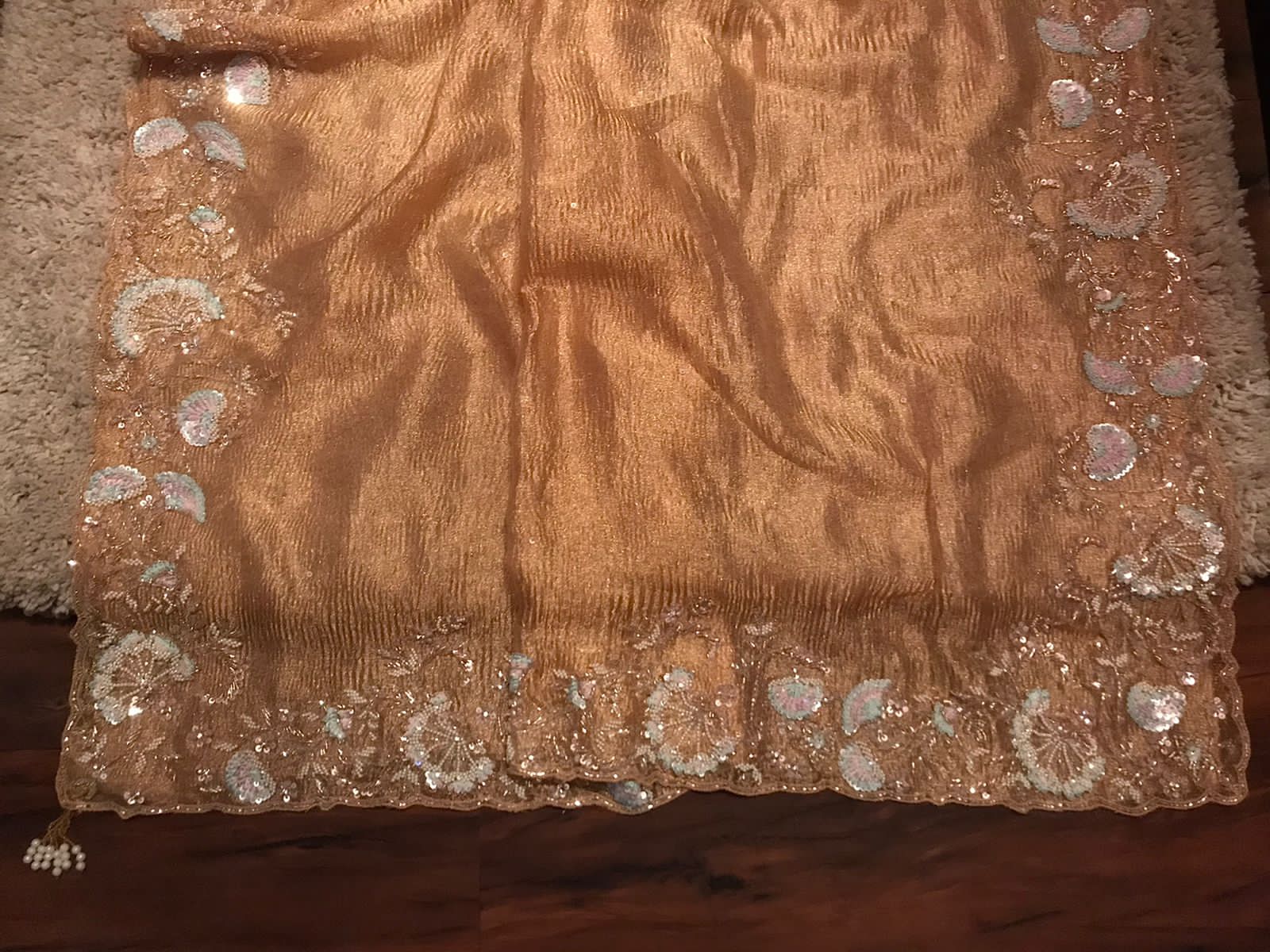 Gold Pure Crushed Tissue Silk Saree with Pearl Sequins Cut Dana Handwork & Contrast Pure Crepe Silk Handwork Blouse