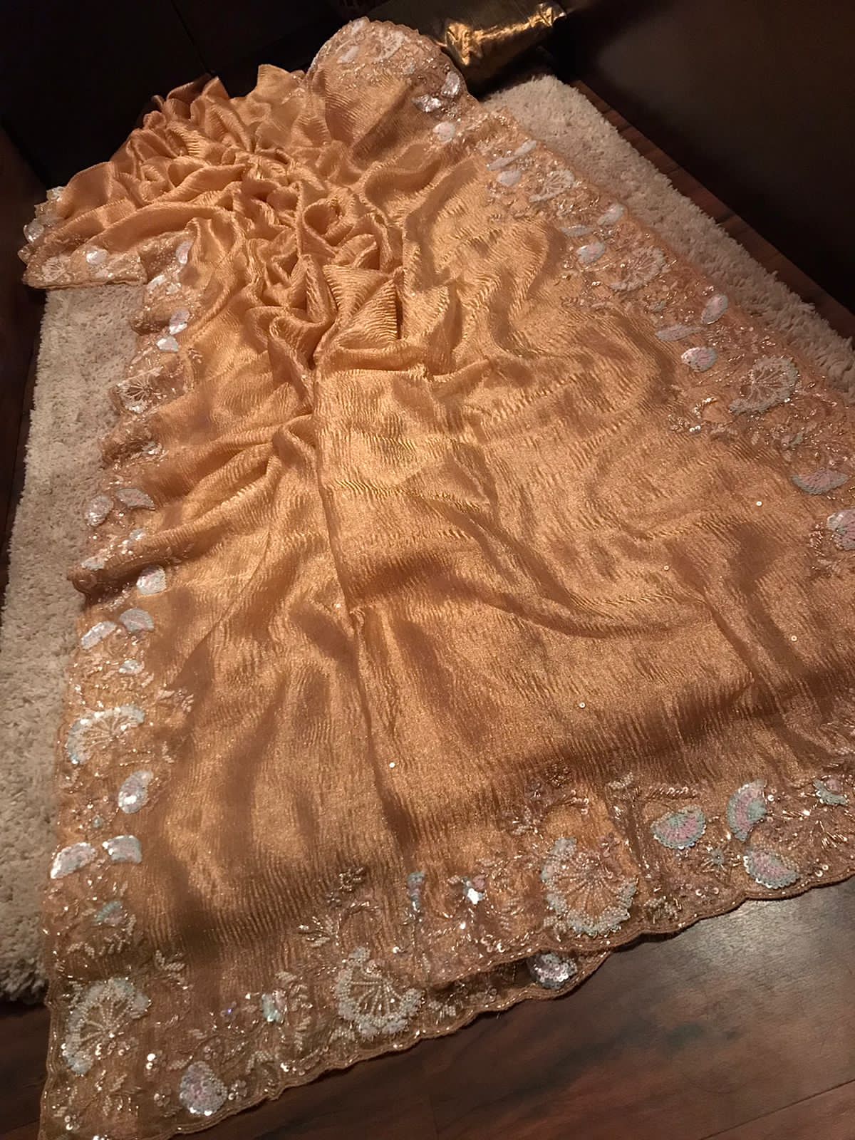 Gold Pure Crushed Tissue Silk Saree with Pearl Sequins Cut Dana Handwork & Contrast Pure Crepe Silk Handwork Blouse