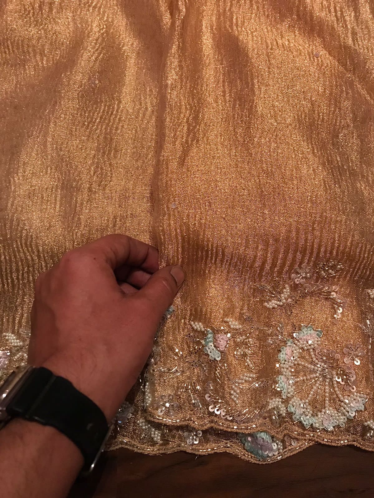 Gold Pure Crushed Tissue Silk Saree with Pearl Sequins Cut Dana Handwork & Contrast Pure Crepe Silk Handwork Blouse