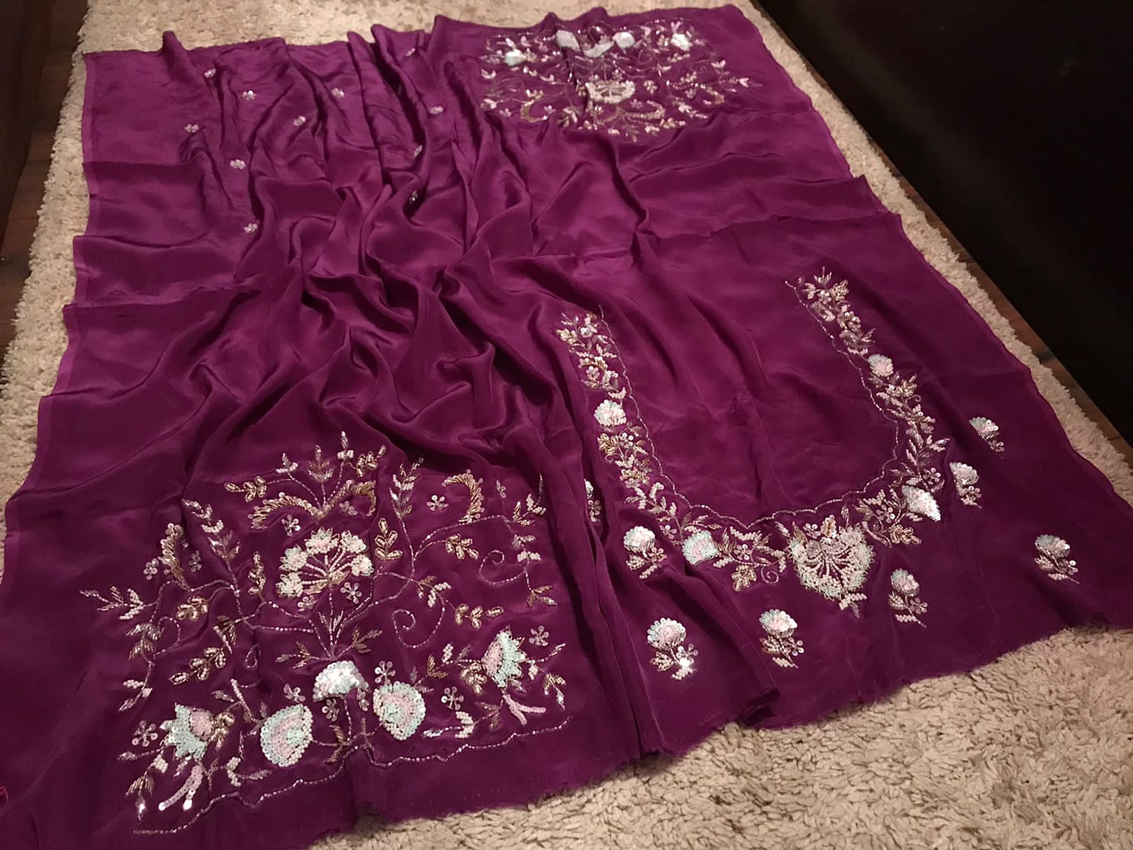 Gold Pure Crushed Tissue Silk Saree with Pearl Sequins Cut Dana Handwork & Contrast Pure Crepe Silk Handwork Blouse