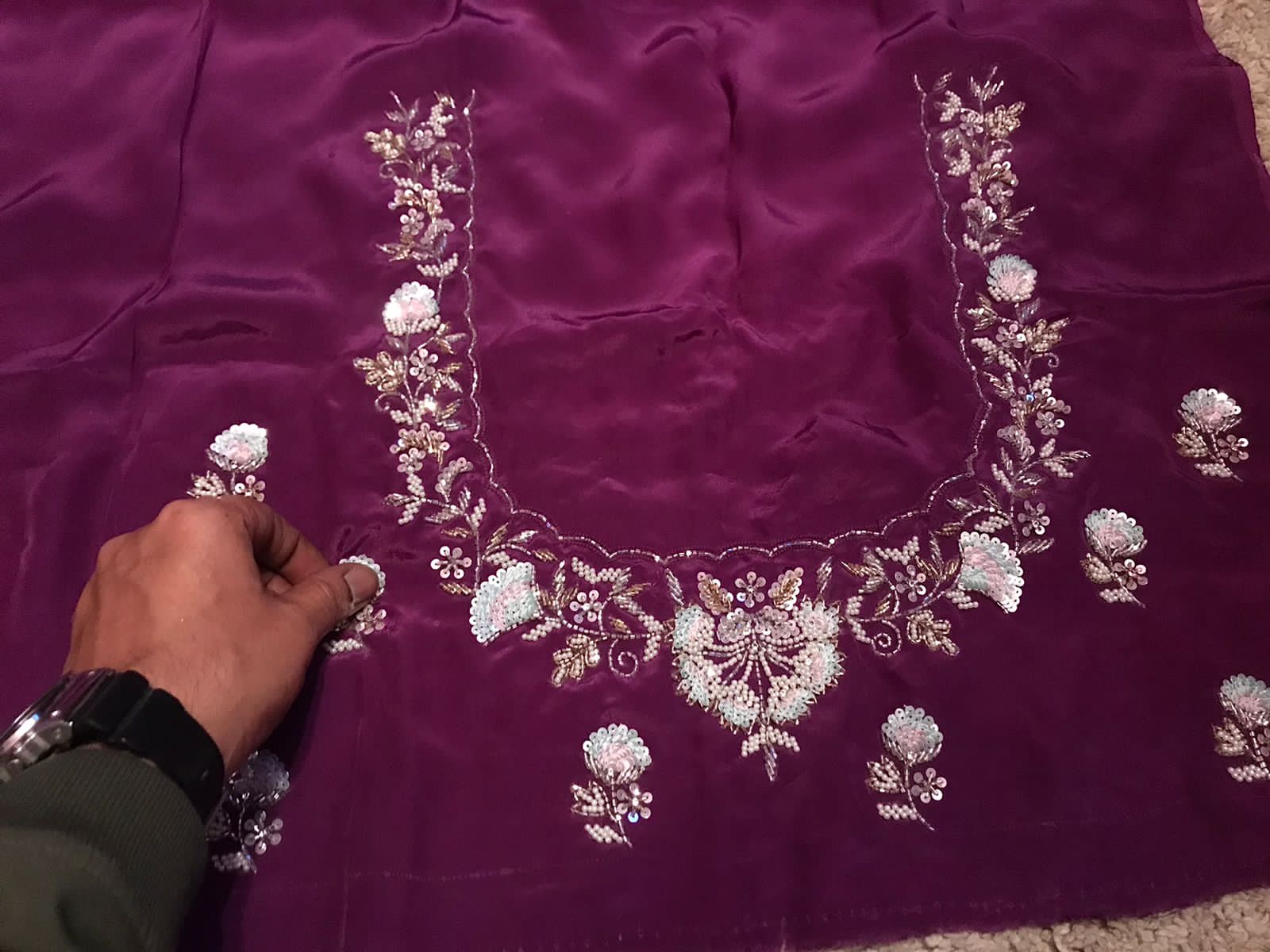 Gold Pure Crushed Tissue Silk Saree with Pearl Sequins Cut Dana Handwork & Contrast Pure Crepe Silk Handwork Blouse