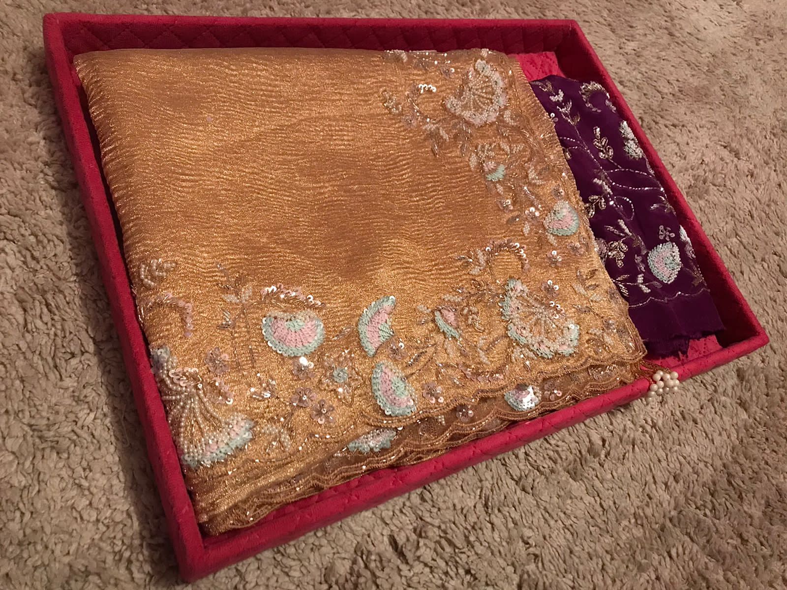 Gold Pure Crushed Tissue Silk Saree with Pearl Sequins Cut Dana Handwork & Contrast Pure Crepe Silk Handwork Blouse