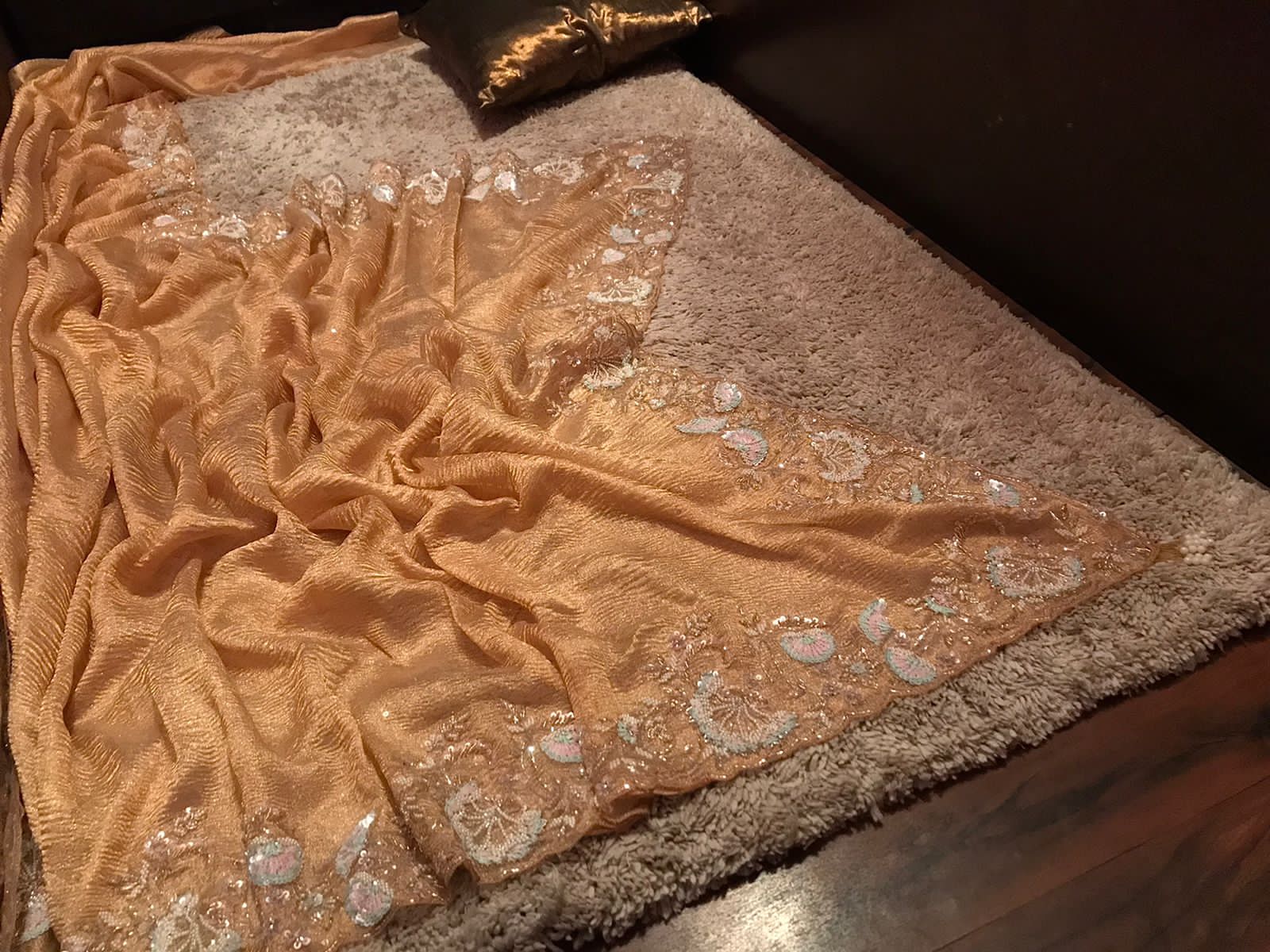 Gold Pure Crushed Tissue Silk Saree with Pearl Sequins Cut Dana Handwork & Contrast Pure Crepe Silk Handwork Blouse