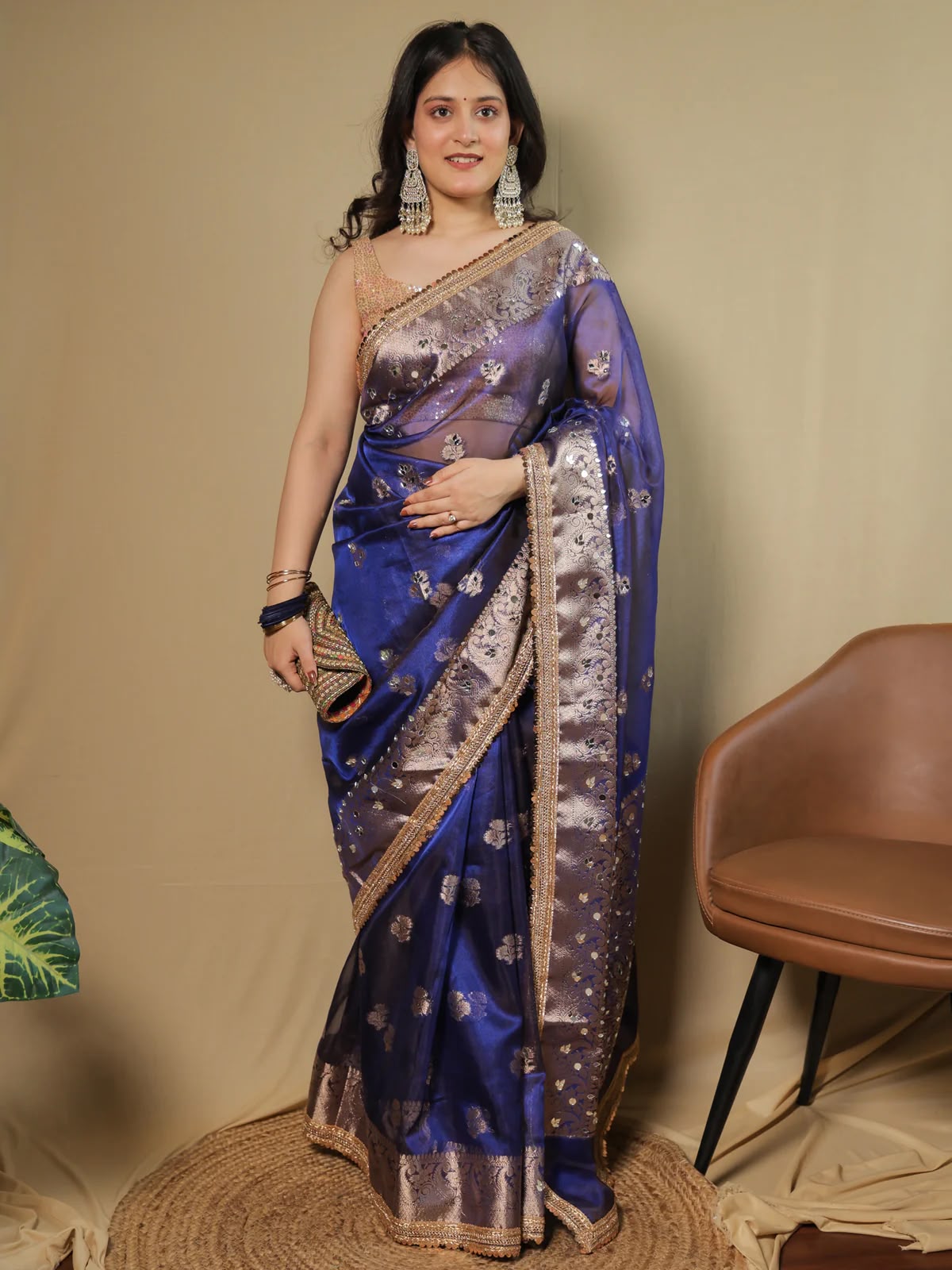 Beautiful Banarasi Soft Tissue Silk Boota Woven Saree With Mirror Work Lace & Designer Pallu