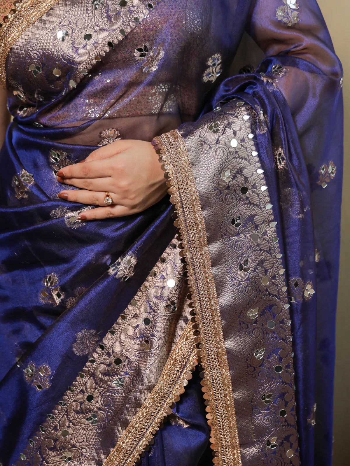 Beautiful Banarasi Soft Tissue Silk Boota Woven Saree With Mirror Work Lace & Designer Pallu