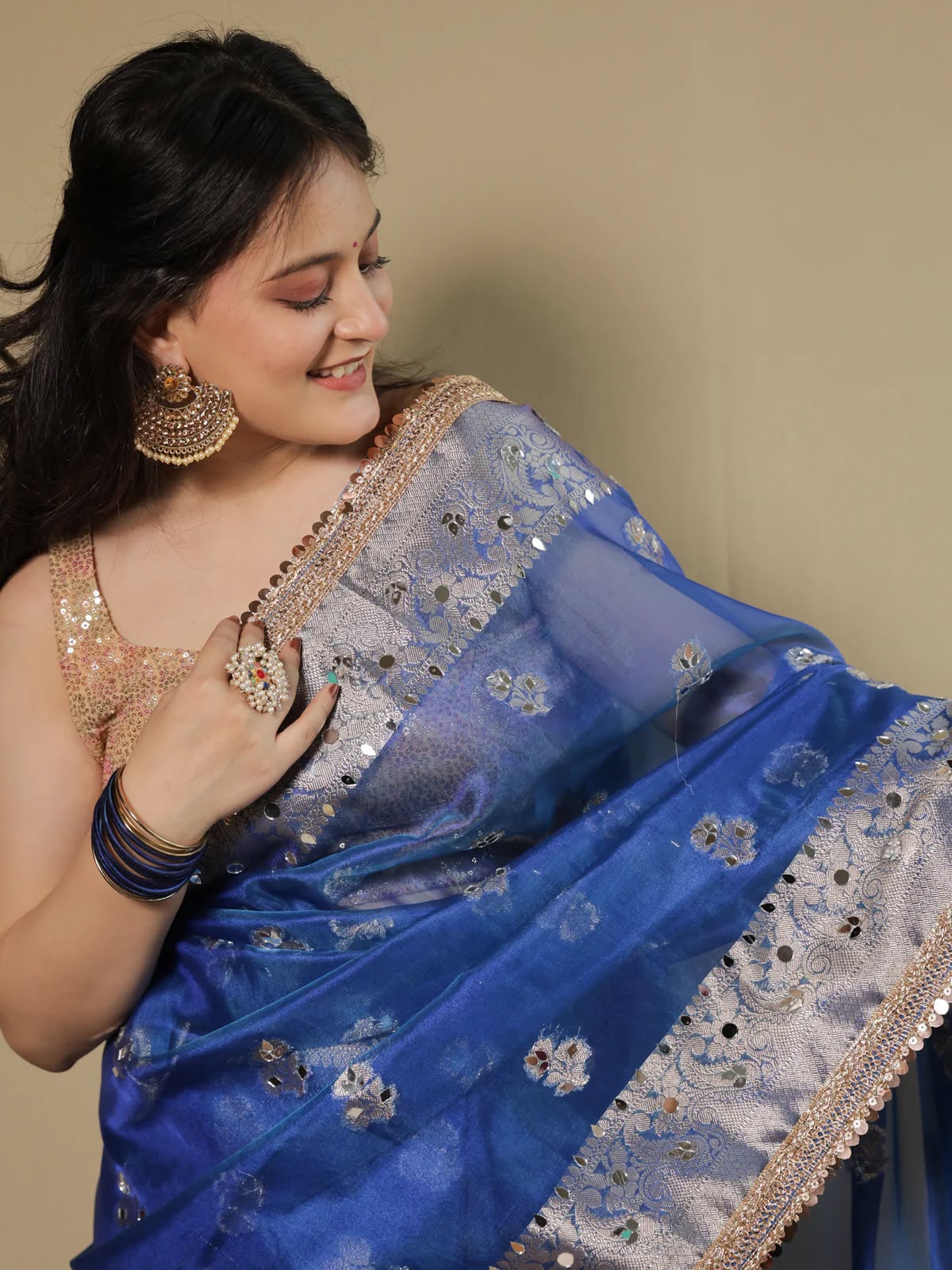 Beautiful Banarasi Soft Tissue Silk Boota Woven Saree With Mirror Work Lace & Designer Pallu