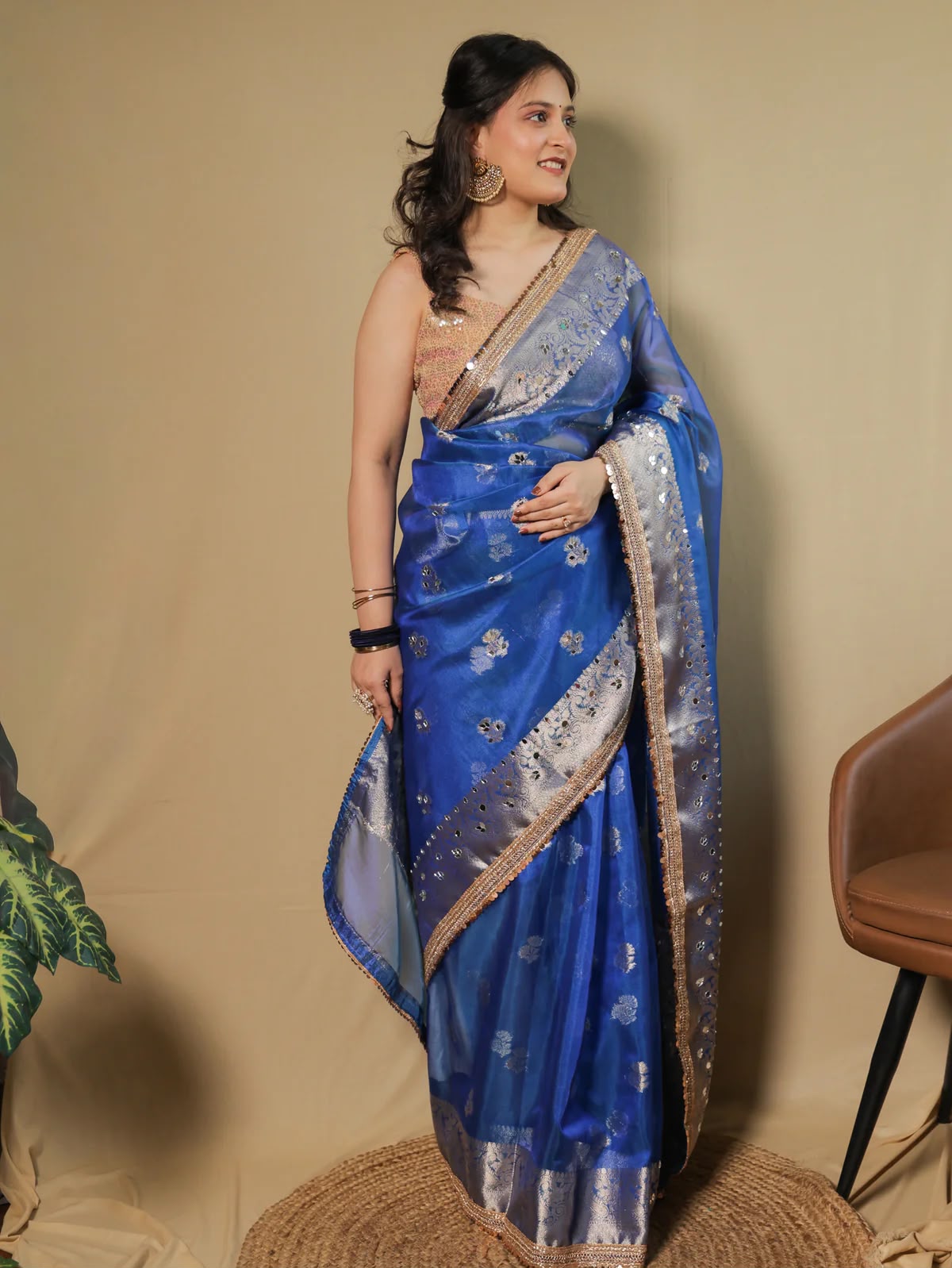 Beautiful Banarasi Soft Tissue Silk Boota Woven Saree With Mirror Work Lace & Designer Pallu
