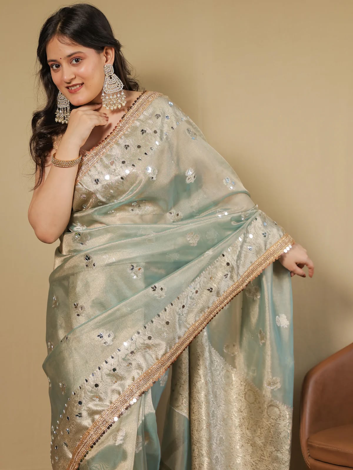 Beautiful Banarasi Soft Tissue Silk Boota Woven Saree With Mirror Work Lace & Designer Pallu