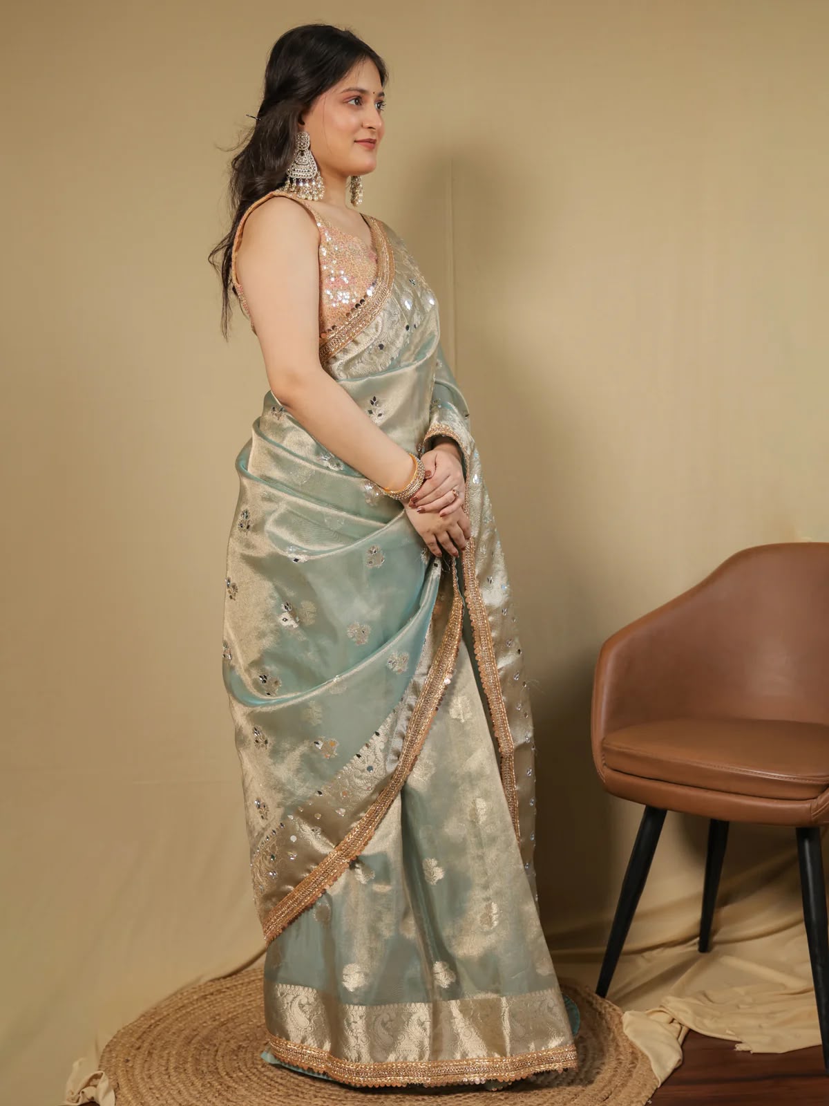 Beautiful Banarasi Soft Tissue Silk Boota Woven Saree With Mirror Work Lace & Designer Pallu