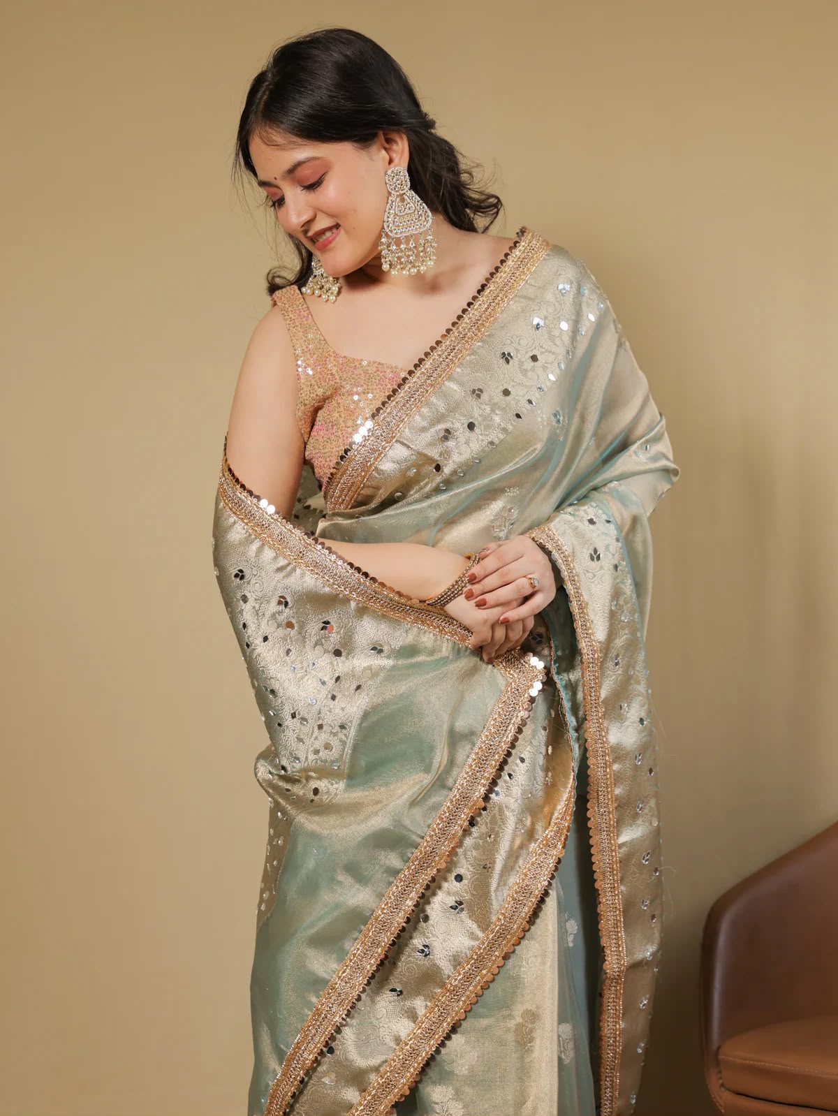 Beautiful Banarasi Soft Tissue Silk Boota Woven Saree With Mirror Work Lace & Designer Pallu