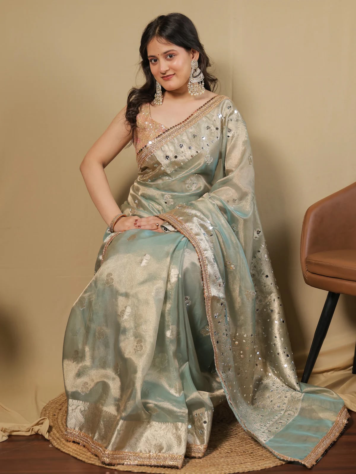 Beautiful Banarasi Soft Tissue Silk Boota Woven Saree With Mirror Work Lace & Designer Pallu
