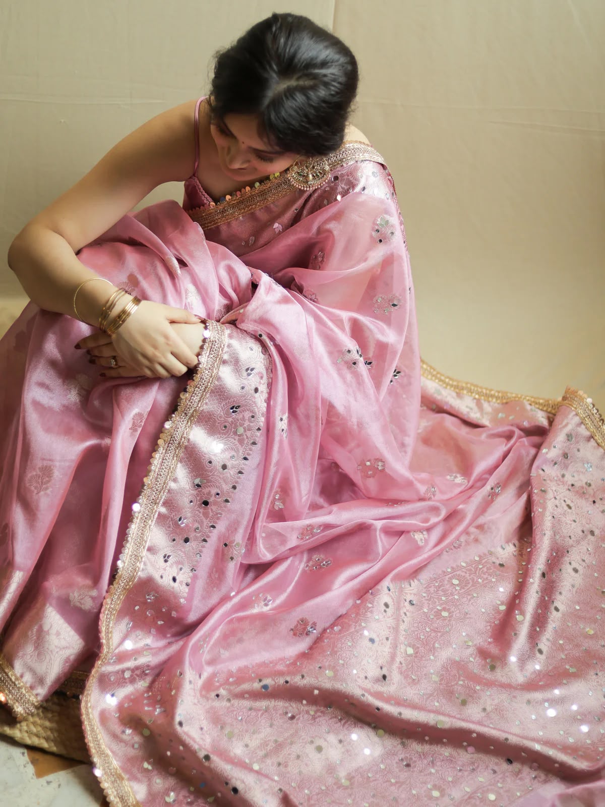 Beautiful Banarasi Soft Tissue Silk Boota Woven Saree With Mirror Work Lace & Designer Pallu