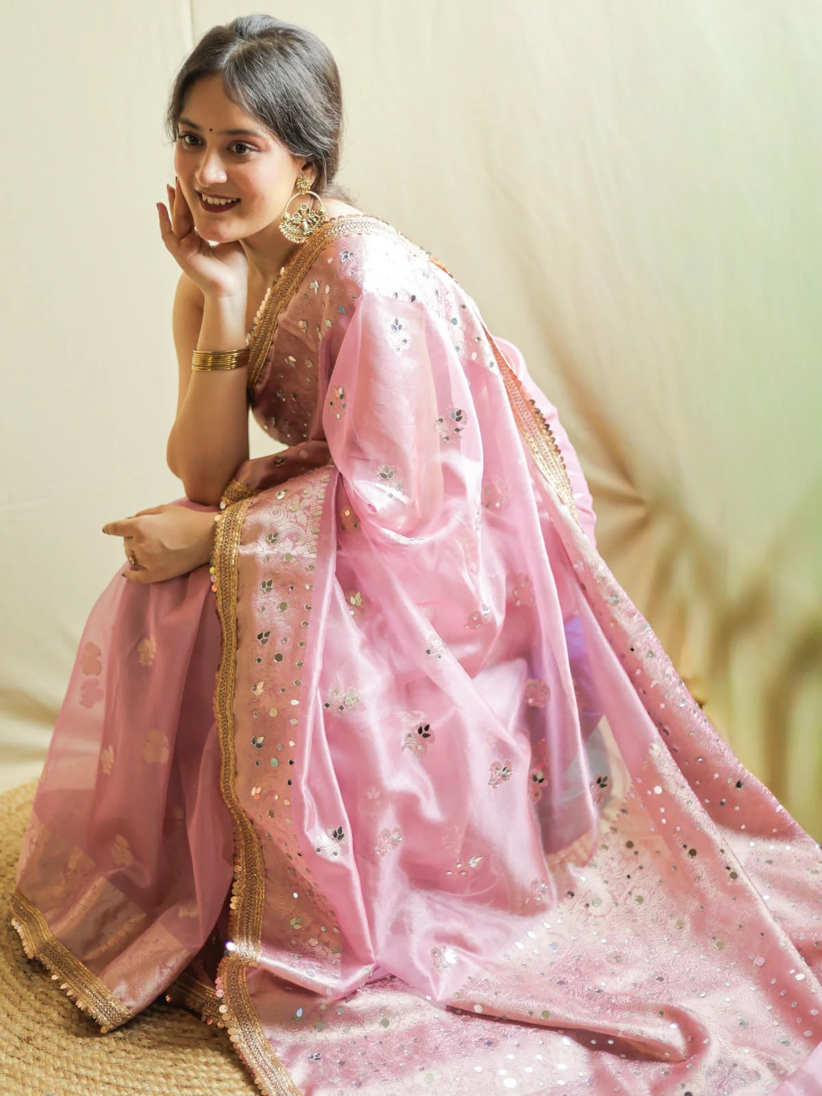 Beautiful Banarasi Soft Tissue Silk Boota Woven Saree With Mirror Work Lace & Designer Pallu