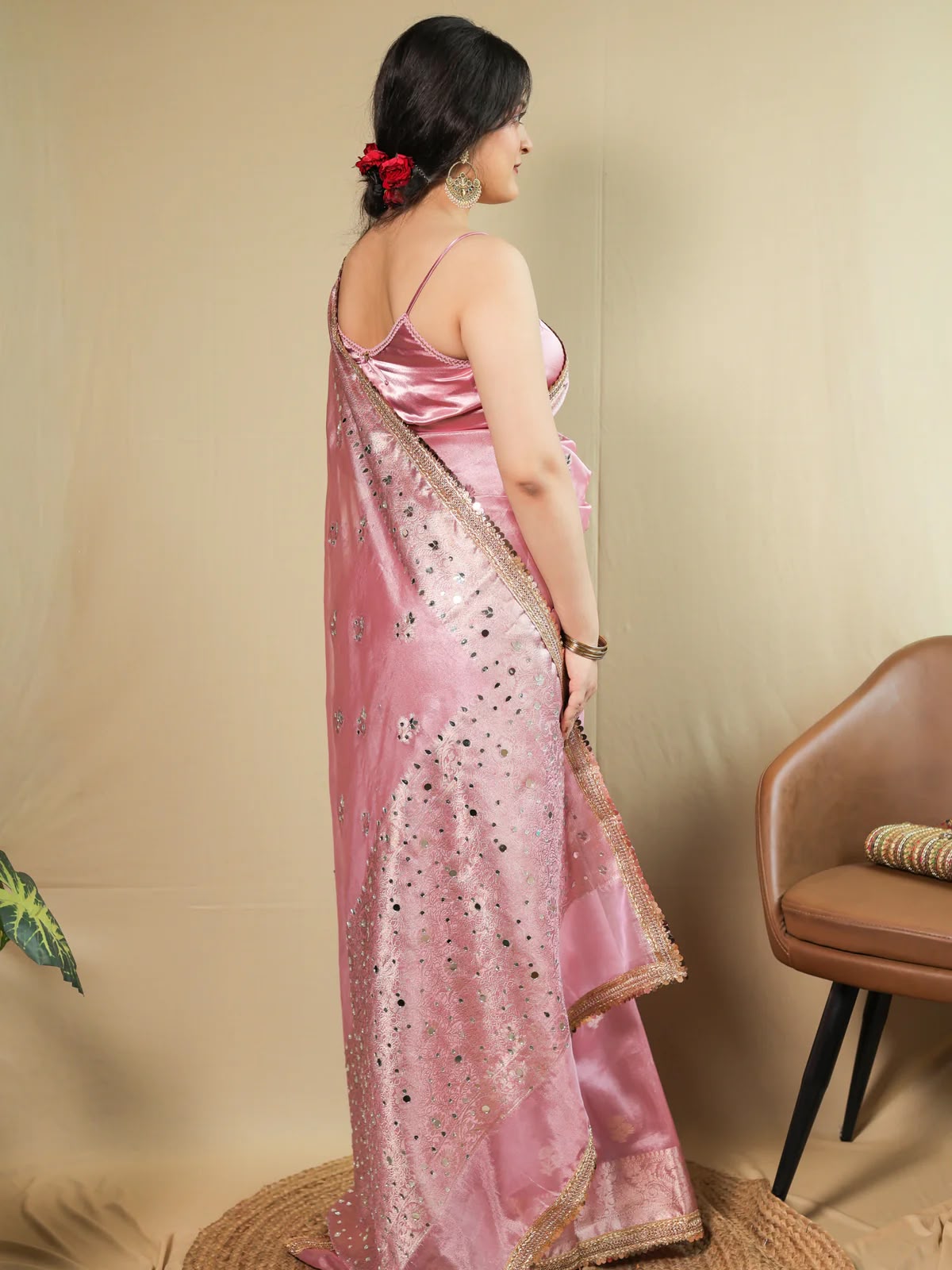 Beautiful Banarasi Soft Tissue Silk Boota Woven Saree With Mirror Work Lace & Designer Pallu